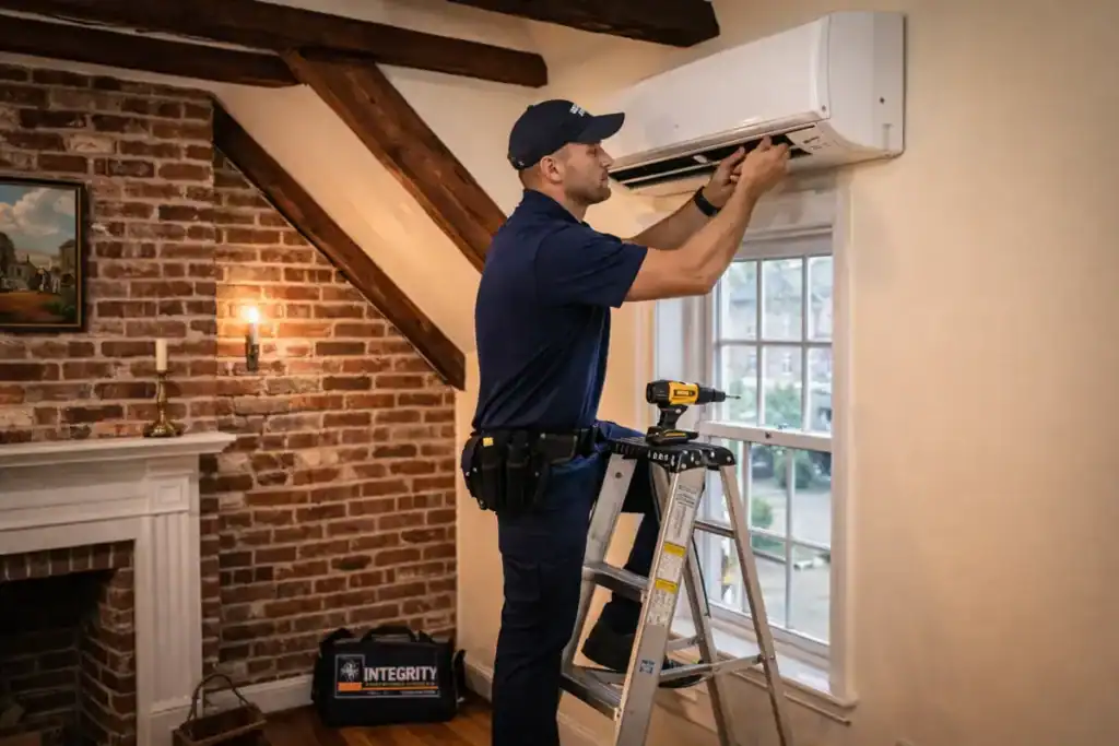 HVAC Old Town Alexandria VA technician installing mini split system in historic home