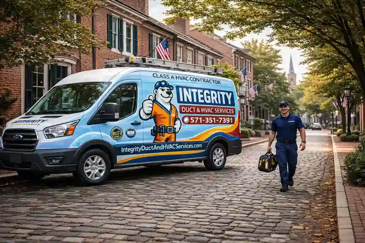 HVAC Old Town Alexandria VA service van with technician on historic cobblestone street