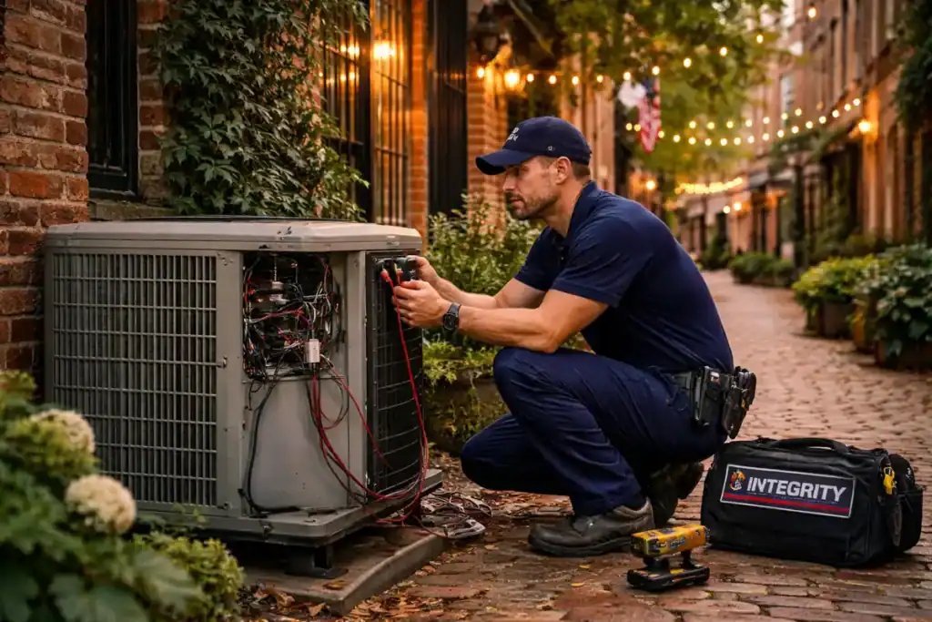 HVAC Old Town Alexandria VA technician repairing AC unit in historic brick alley