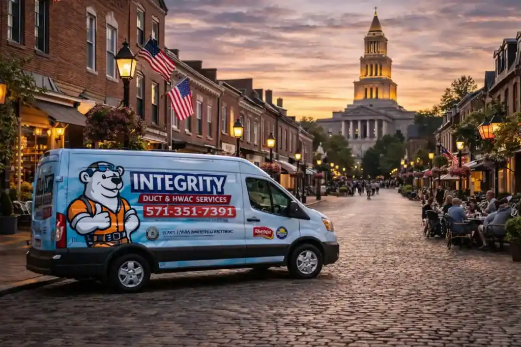 HVAC Old Town Alexandria VA service van parked on cobblestone street in historic neighborhood