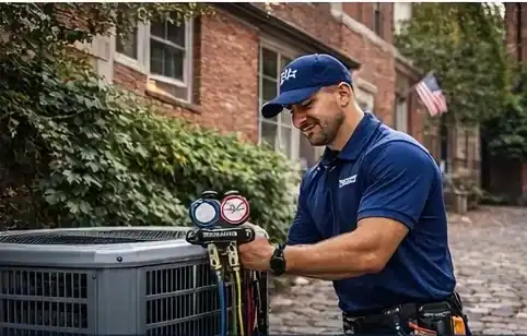 HVAC Old Town Alexandria VA technician repairing AC unit outside historic home