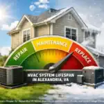 HVAC system lifespan in Alexandria VA home with outdoor air conditioner condenser and heating system showing summer and winter climate conditions | How Long do HVAC Systems Last in Alexandria VA