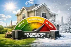 HVAC system lifespan in Alexandria VA home with outdoor air conditioner condenser and heating system showing summer and winter climate conditions | How Long do HVAC Systems Last in Alexandria VA