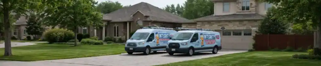 Integrity HVAC service vans at a suburban Alexandria Virginia home for air conditioning and heating system installation, 100% financed with flexible terms.