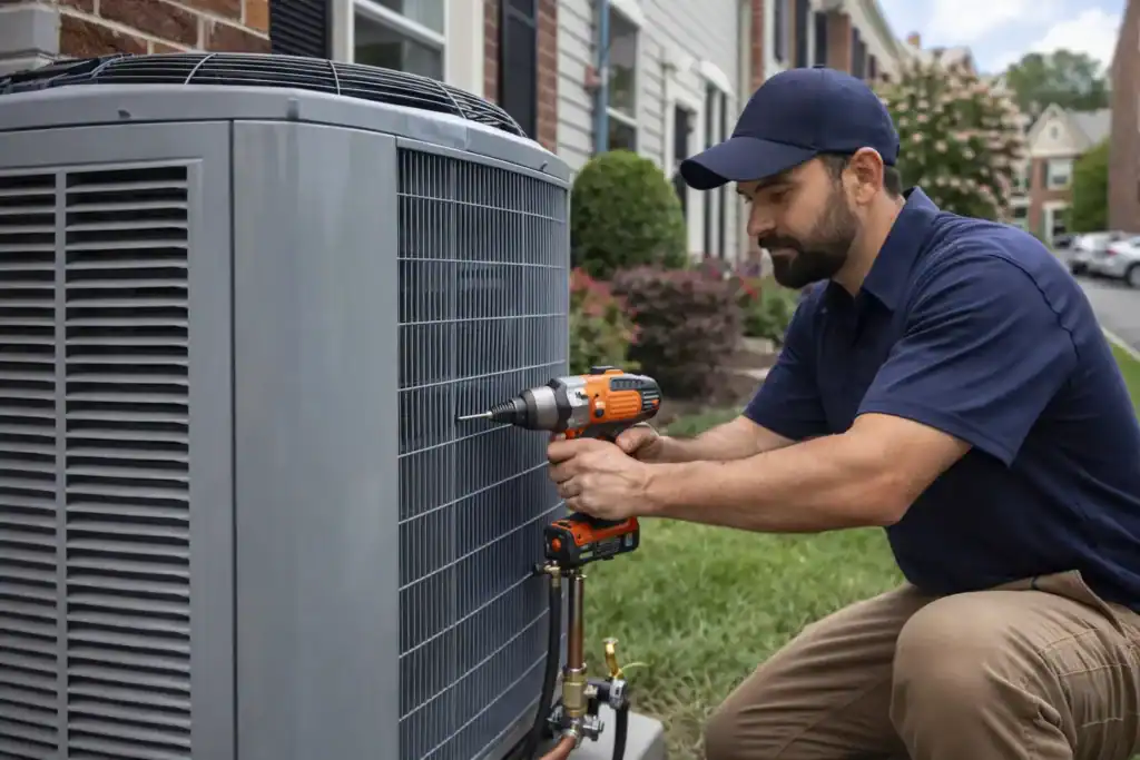 HVAC technician installing a heat pump at a home in Kingstowne Alexandria VA