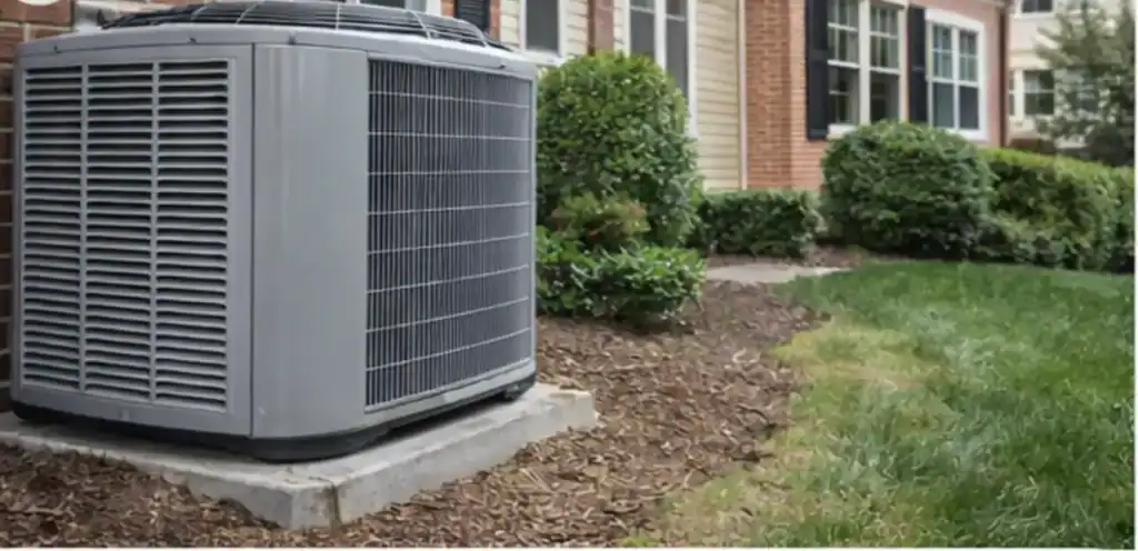 Heat pump condenser unit installed outside a Kingstowne Alexandria VA townhouse