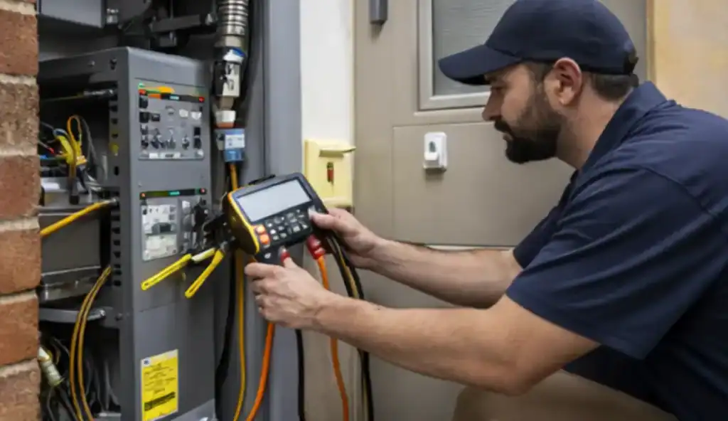HVAC technician servicing an HVAC system in a mechanical closet in Kingstowne Alexandria VA