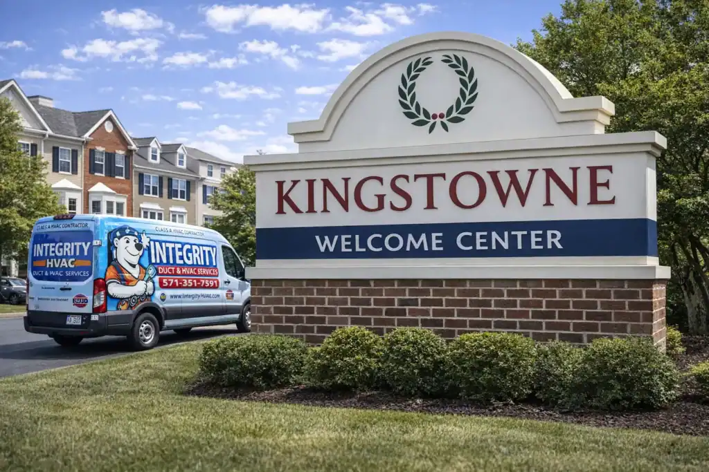 Integrity Duct & HVAC Services van near the Kingstowne Welcome Center sign in Alexandria VA