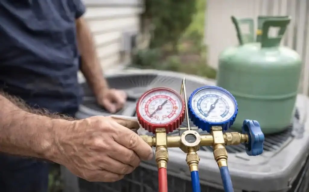 HVAC technician checking refrigerant gauges on air conditioner not cooling Alexandria VA