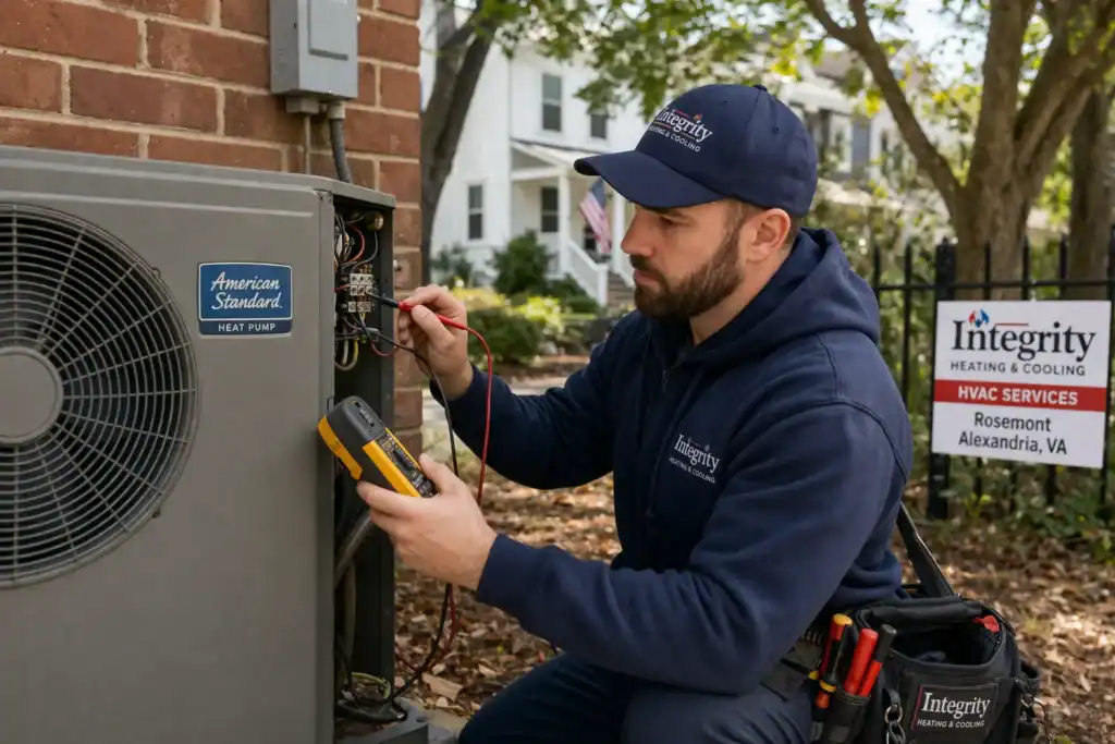 Integrity HVAC technician repairing a heat pump in Rosemont Alexandria VA