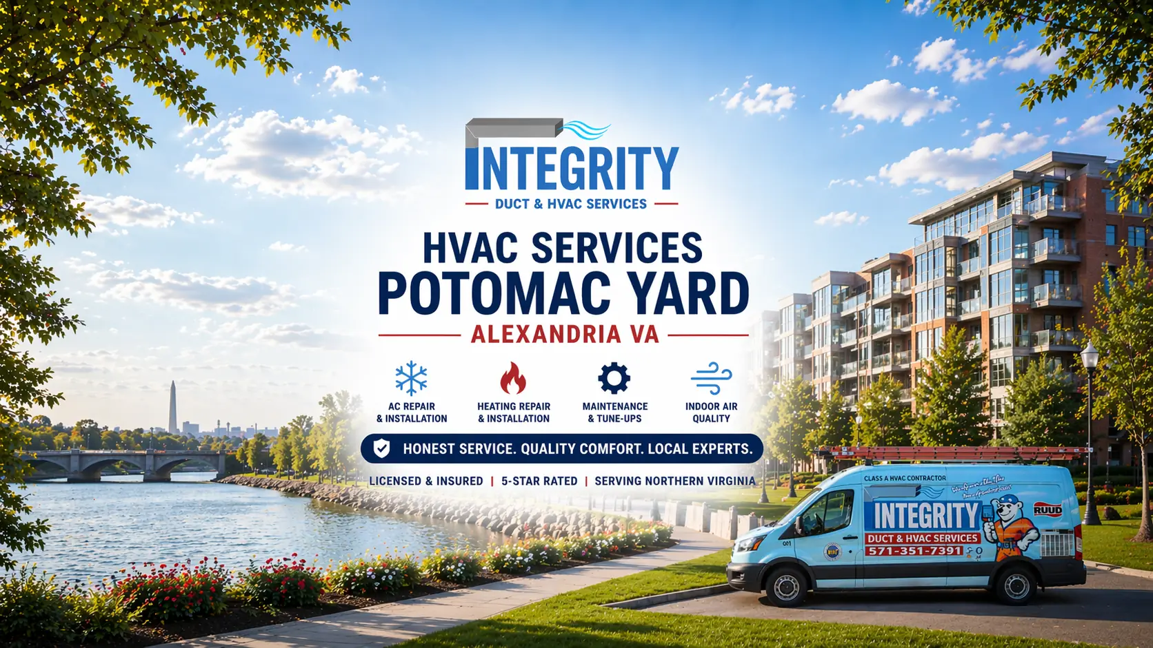 HVAC Potomac Yard Alexandria VA service van near modern waterfront homes