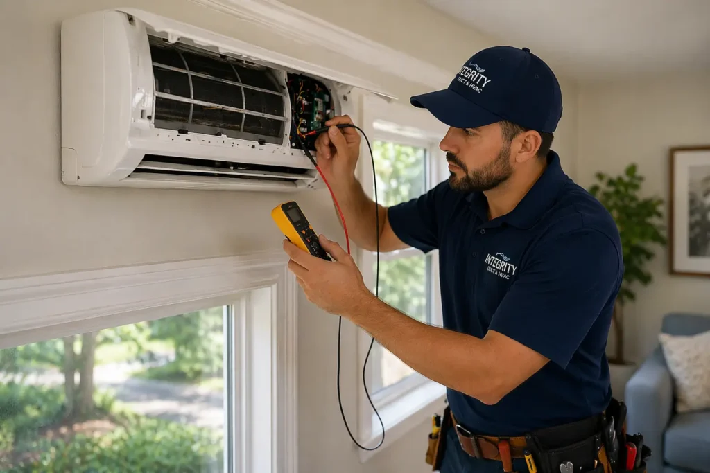 HVAC technician servicing mini split system in Potomac Yard Alexandria VA home. HVAC Replacement Potomac Yard Alexandria VA