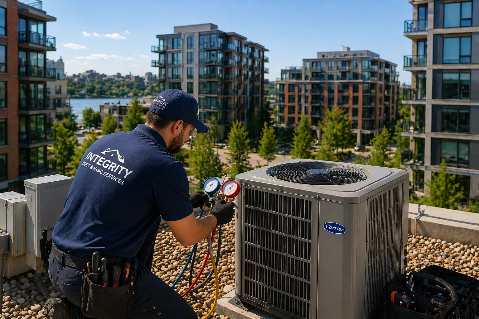 HVAC technician servicing rooftop air conditioning unit in Potomac Yard Alexandria VA
