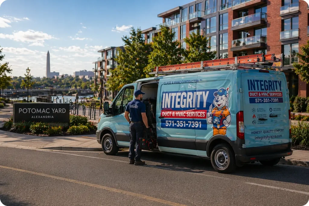 HVAC Contractor Potomac Yard Alexandria VA service van parked near modern residential buildings