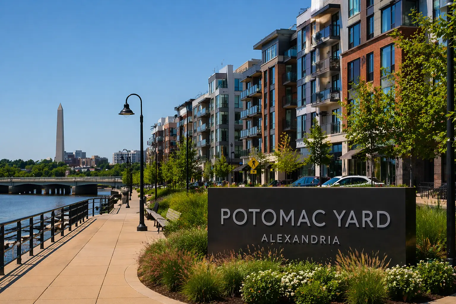 Potomac Yard Alexandria VA waterfront residential neighborhood with modern buildings and riverwalk