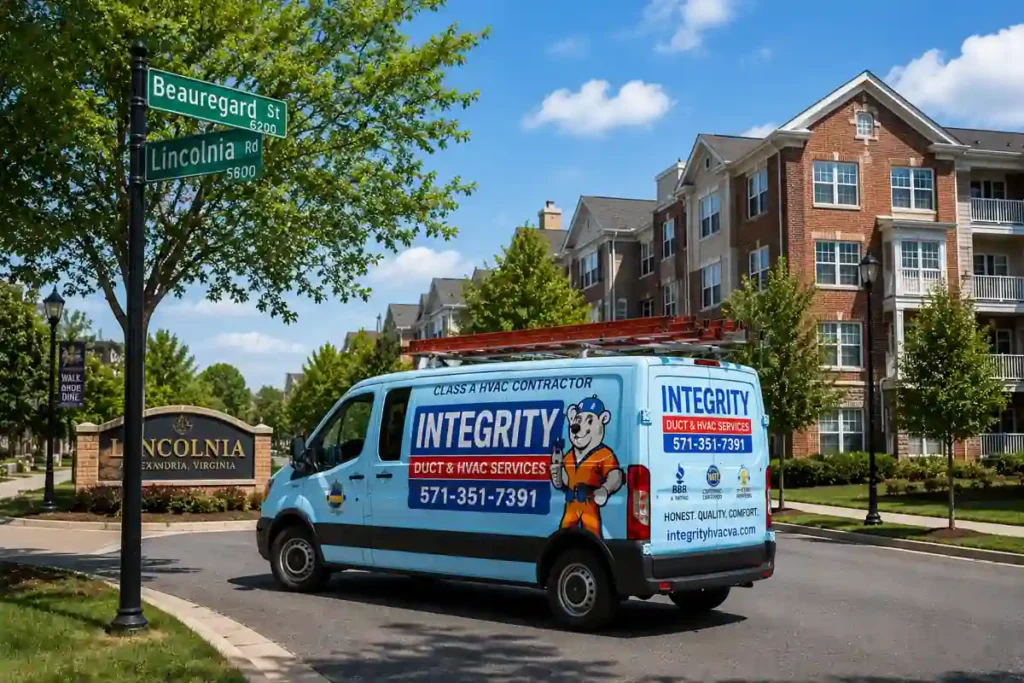 Integrity HVAC service van in Lincolnia Alexandria VA near Beauregard Street and Little River Turnpike residential neighborhood