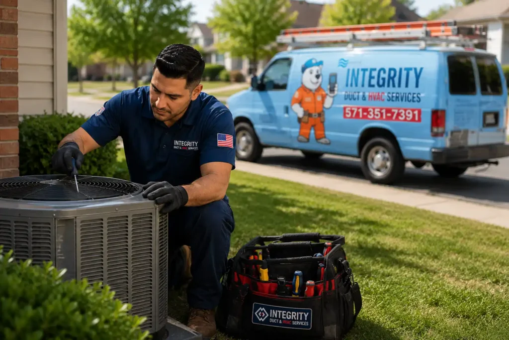 hvac maintenance lincolnia alexandria va technician servicing outdoor ac unit with integrity service van
