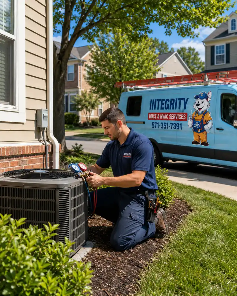 Integrity Duct and HVAC Services technician performing AC repair in Franconia Alexandria VA with service van nearby.