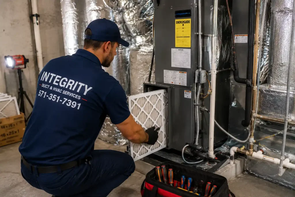 Integrity HVAC technician replacing air filter in residential HVAC system in Carlyle and Eisenhower Valley Alexandria VA