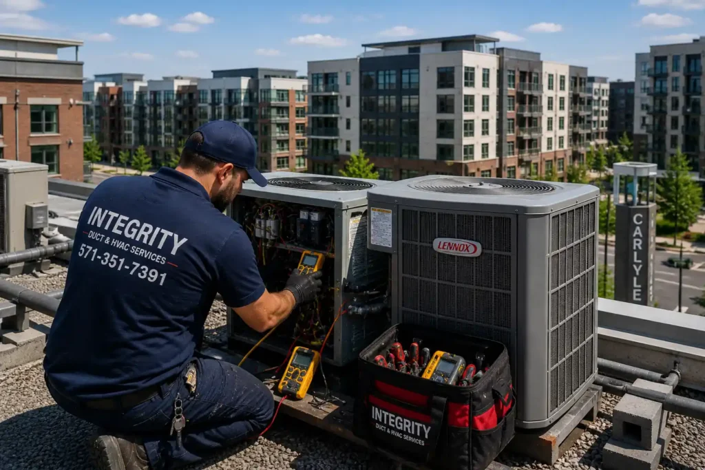 Integrity HVAC technician repairing rooftop HVAC system in Carlyle and Eisenhower Valley Alexandria VA. HVAC Contractor in Eisenhower Alexandria VA