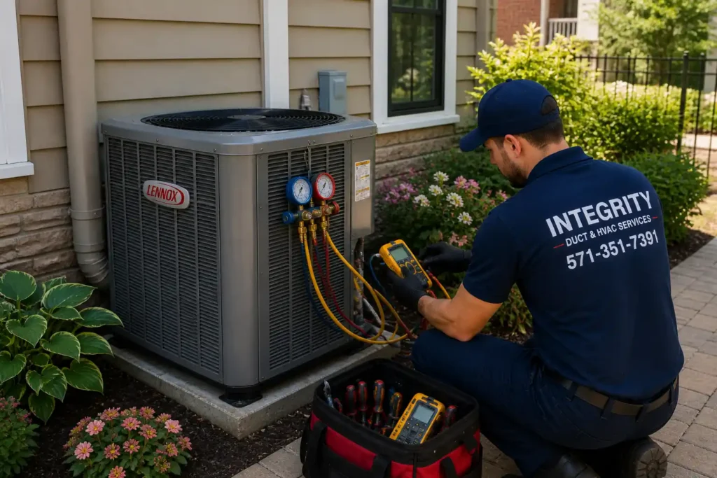 Integrity HVAC technician servicing residential heat pump system in Carlyle and Eisenhower Valley Alexandria VA