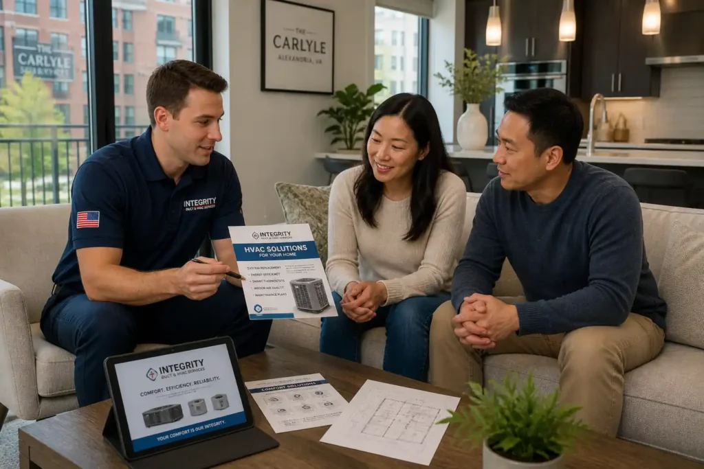Integrity HVAC technician consulting with Carlyle and Eisenhower Alexandria VA condo homeowners about HVAC system options. HVAC Company Alexandria VA