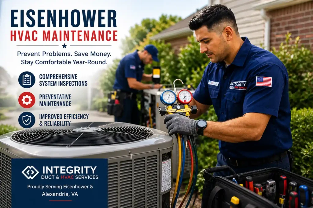 Integrity HVAC technicians performing HVAC maintenance in Eisenhower Alexandria VA. HVAC Maintenance Alexandria VA