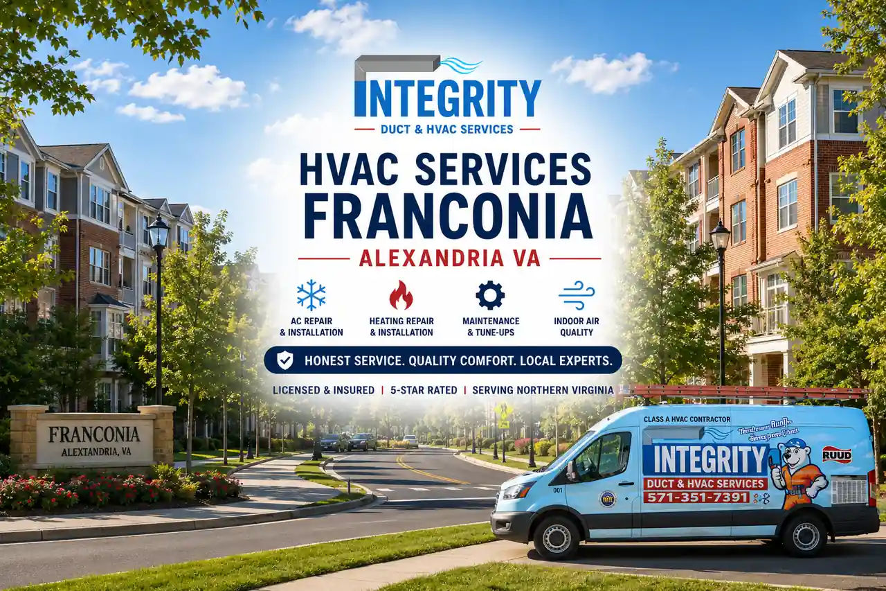 Integrity Duct & HVAC Services van on a Franconia Alexandria VA street promoting local HVAC services, AC repair, heating repair, maintenance, and indoor air quality. Integrity is an HVAC Franconia Alexandria VA service provider.