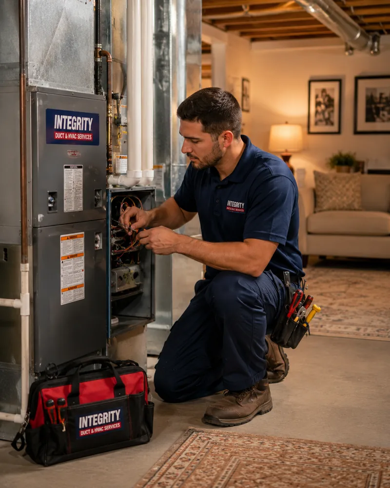 Integrity Duct and HVAC Services technician repairing a heating system in a Franconia Alexandria VA home.
