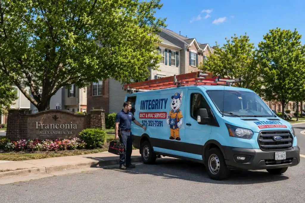Integrity Duct & HVAC Services van providing HVAC Franconia Alexandria VA service in an established residential neighborhood.