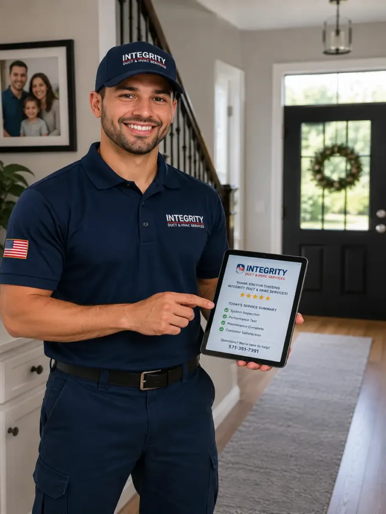 hvac lincolnia alexandria va technician holding service report inside residential home