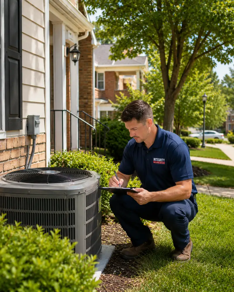 Integrity Duct and HVAC Services technician inspecting an outdoor HVAC system for maintenance in Franconia Alexandria VA.