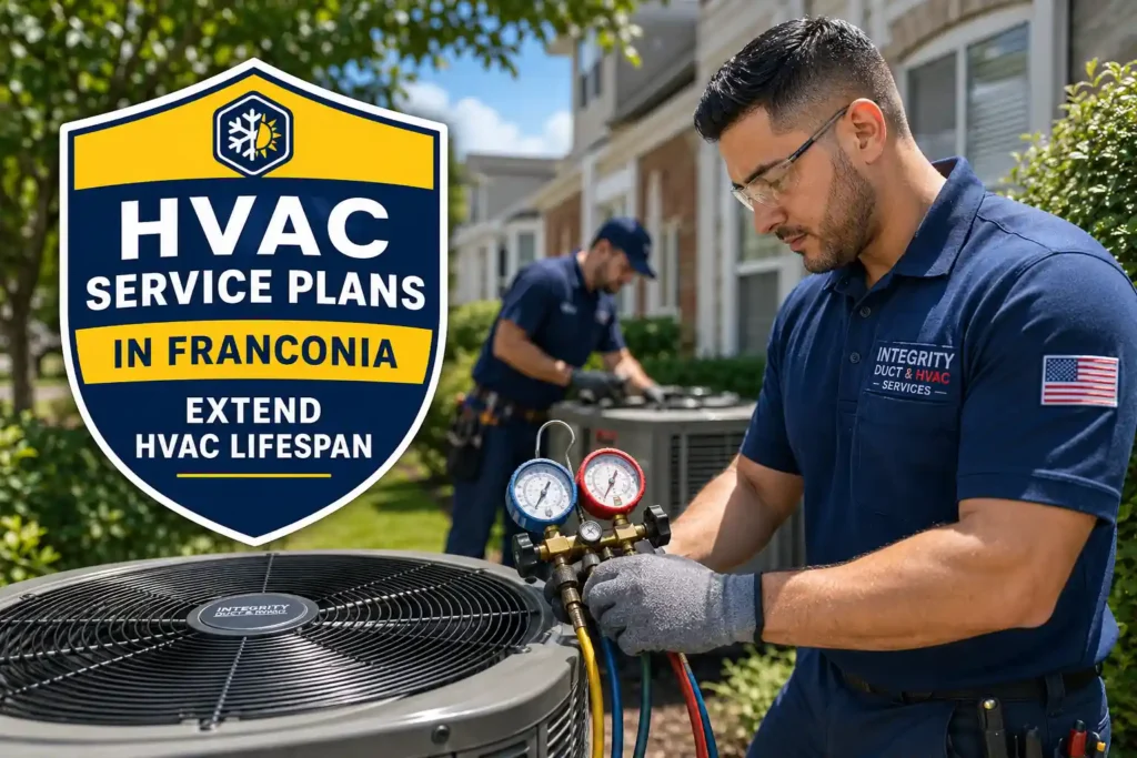 HVAC service plans in Franconia Alexandria VA with Integrity Duct and HVAC Services technicians performing residential AC maintenance.
