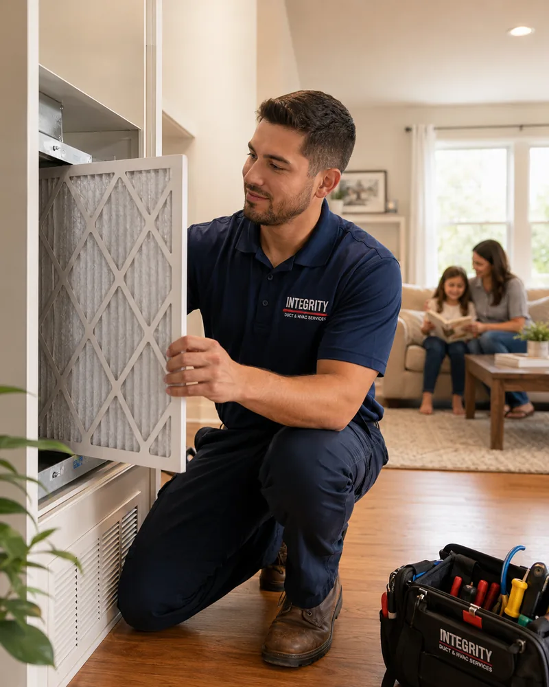 Integrity Duct and HVAC Services technician replacing an air filter for indoor air quality service in Franconia Alexandria VA.