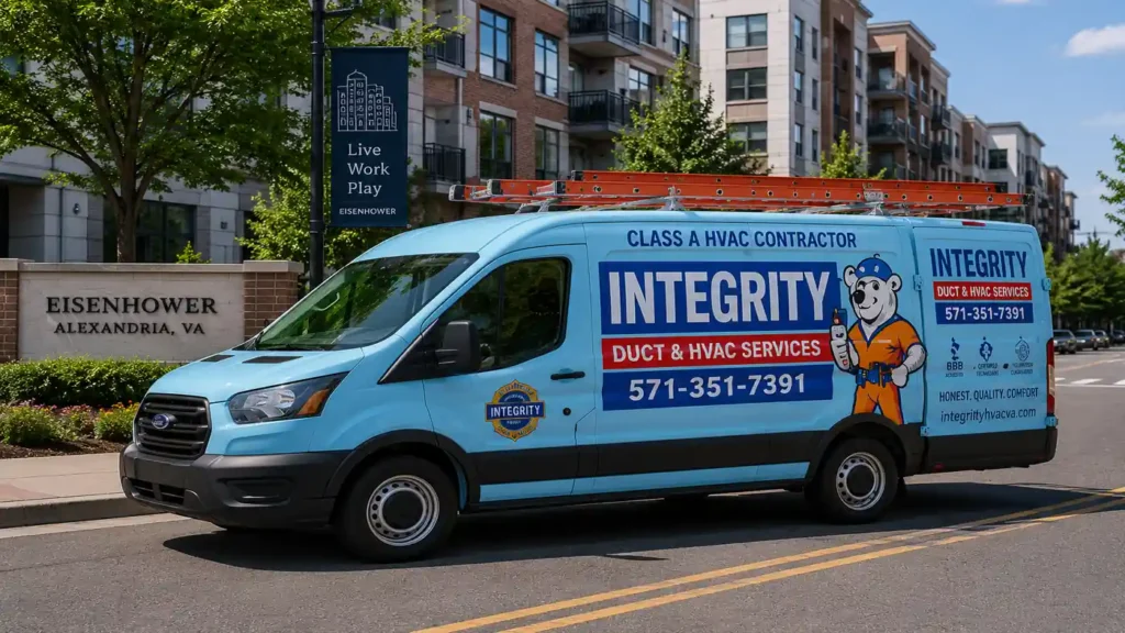 Integrity Duct and HVAC Services van parked in Eisenhower Alexandria VA near modern residential buildings