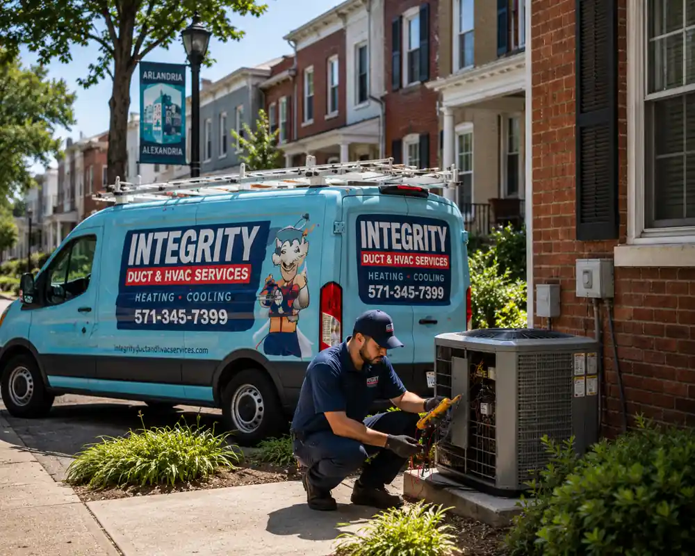 AC repair in Arlandria VA by Integrity Duct and HVAC Services technician servicing outdoor air conditioning unit
