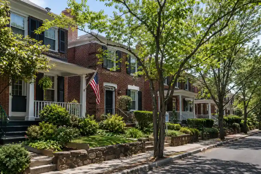 Older brick homes and residential streets in the Arlandria neighborhood of Alexandria Virginia