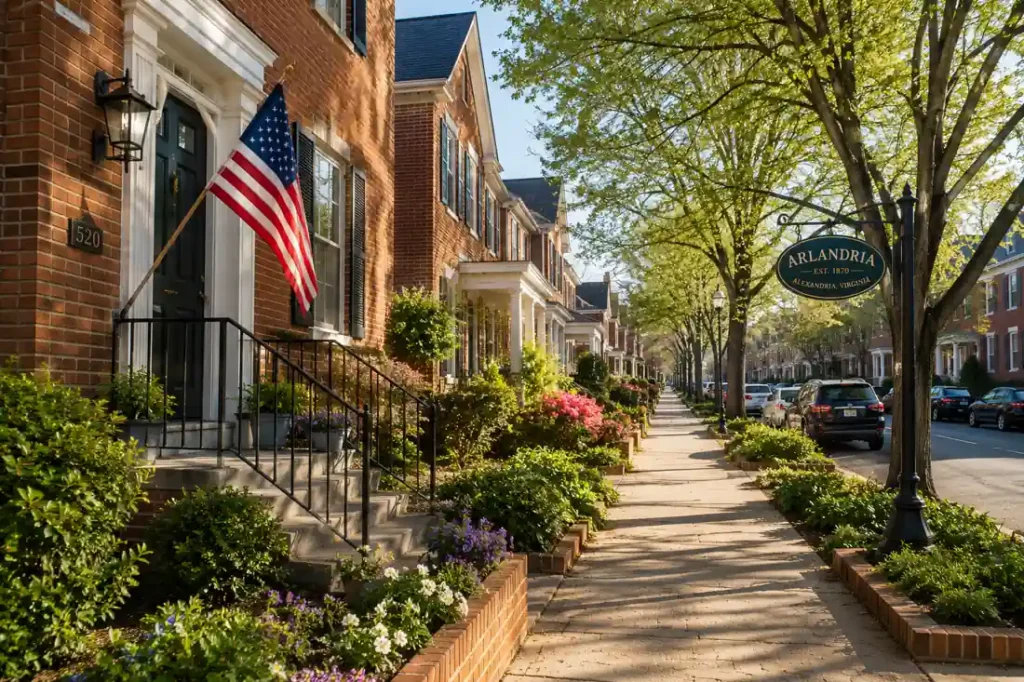 Tree-lined residential street with brick homes in the Arlandria neighborhood of Alexandria Virginia