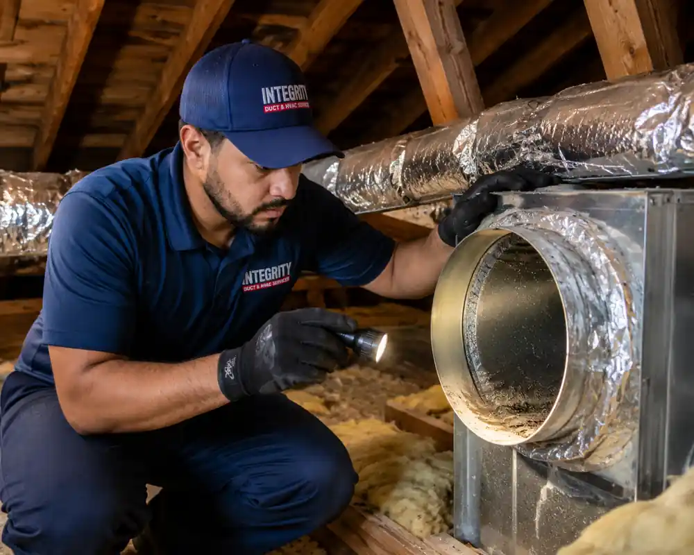 HVAC technician inspecting ductwork and airflow issues in an Arlandria VA home attic