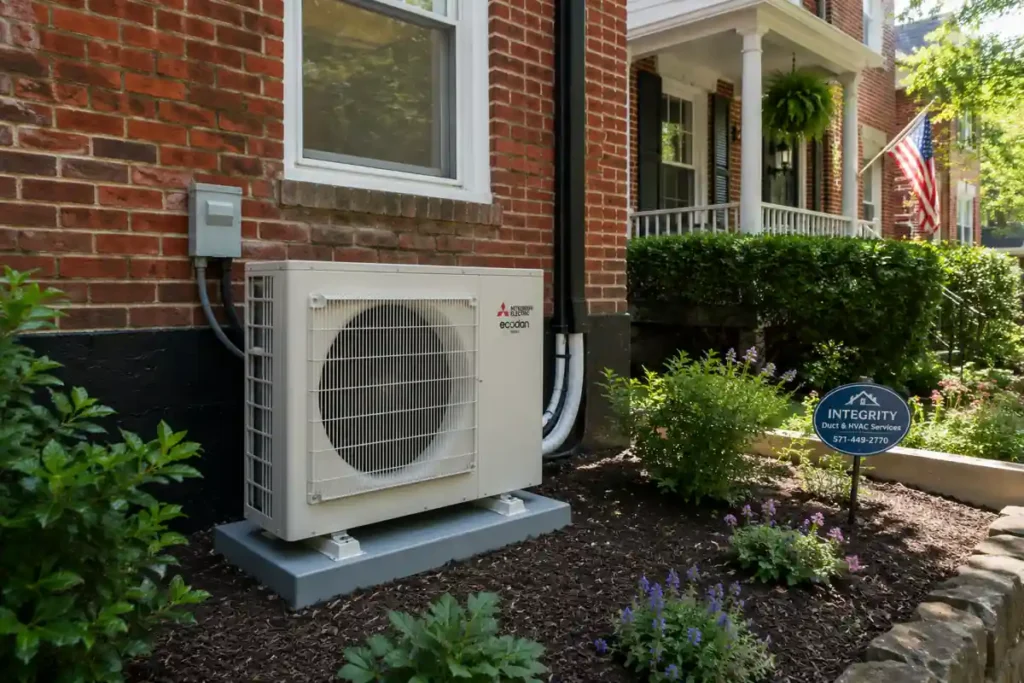 New heat pump installation at a brick home in Arlandria VA with professional landscaping and energy-efficient outdoor equipment