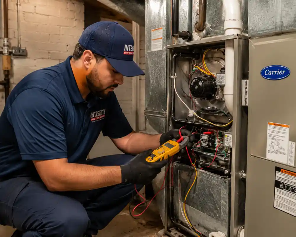 Heating repair in Arlandria VA by Integrity Duct and HVAC Services technician diagnosing furnace components