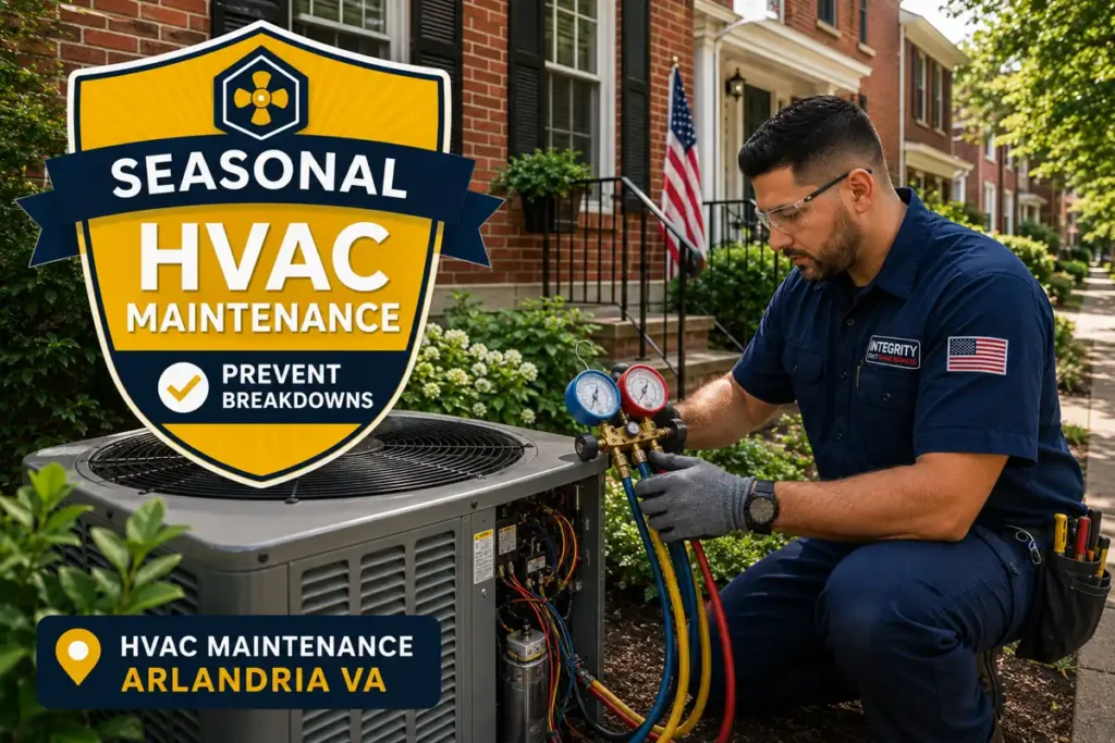 HVAC technician performing seasonal HVAC maintenance at a brick home in Arlandria VA
