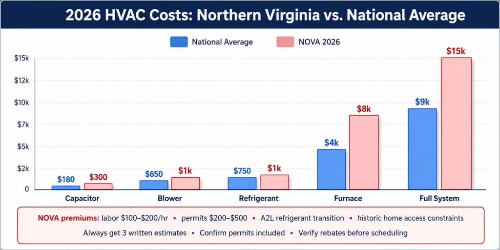 Bar chart comparing 2026 Northern Virginia HVAC costs with national averages for capacitors, blowers, refrigerant, furnaces and full system replacements