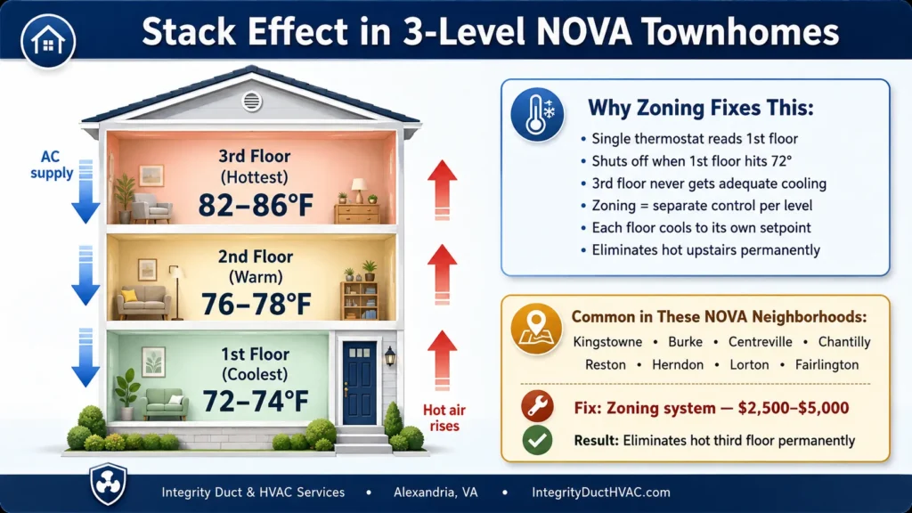 Infographic showing stack effect in a three-level Northern Virginia townhome, with hotter upper floors and HVAC zoning as the solution
