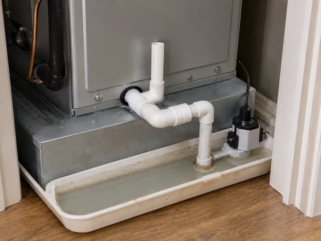 AC drain line clogged Alexandria VA with water collecting near condensate drain and air handler