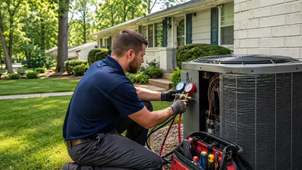 AC Repair Mount Vernon Alexandria VA | HVAC technician servicing outdoor air conditioning unit at a home in Mount Vernon Alexandria VA