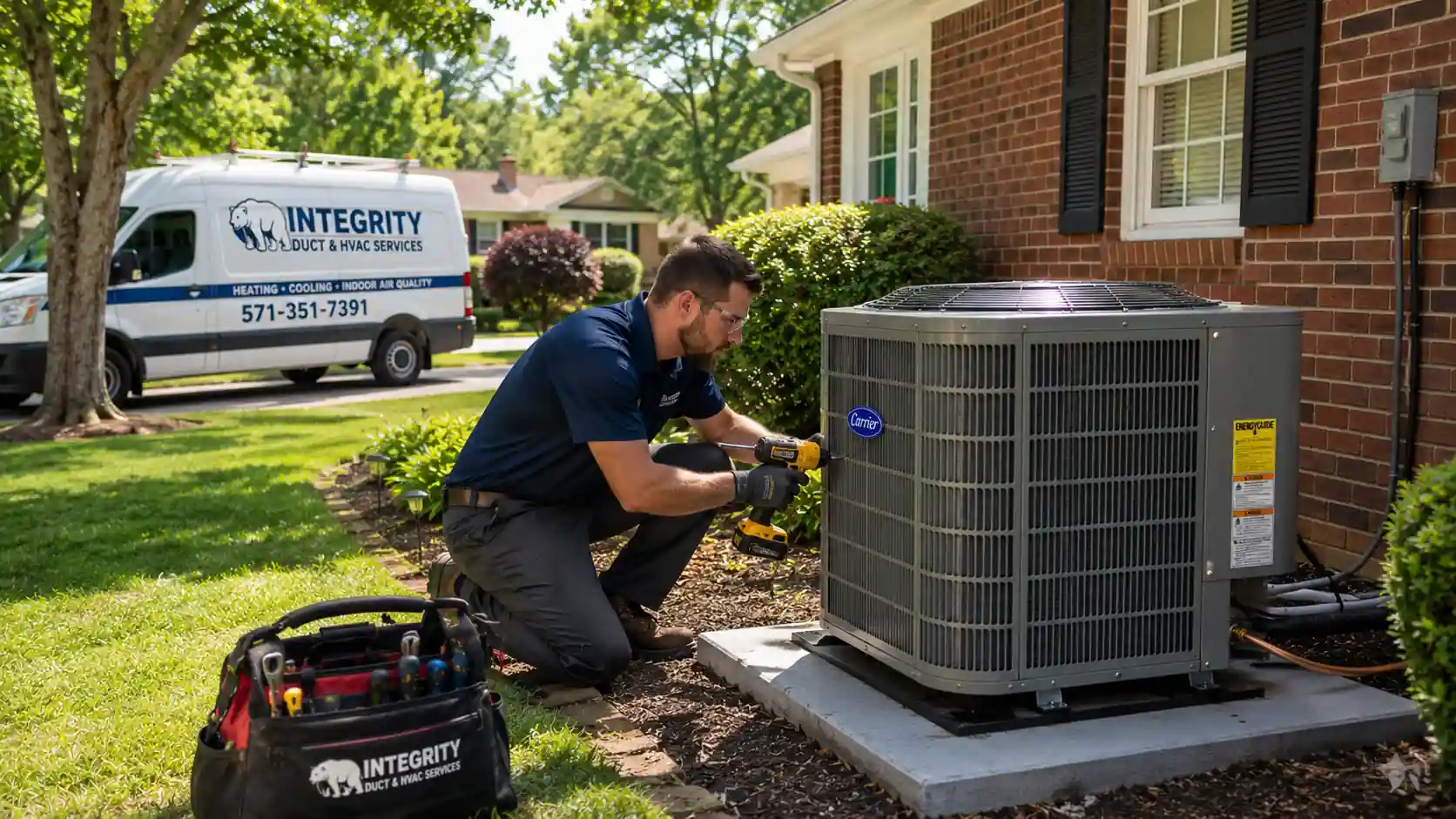 AC Repair Mount Vernon Alexandria VA | HVAC technician servicing outdoor air conditioning unit at a brick home in Mount Vernon Alexandria VA