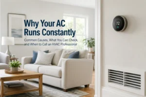 Modern living room with thermostat and HVAC return vent illustrating why an air conditioner may run constantly in Alexandria and Northern Virginia homes. AC Running constantly? Call Integrity for service today.