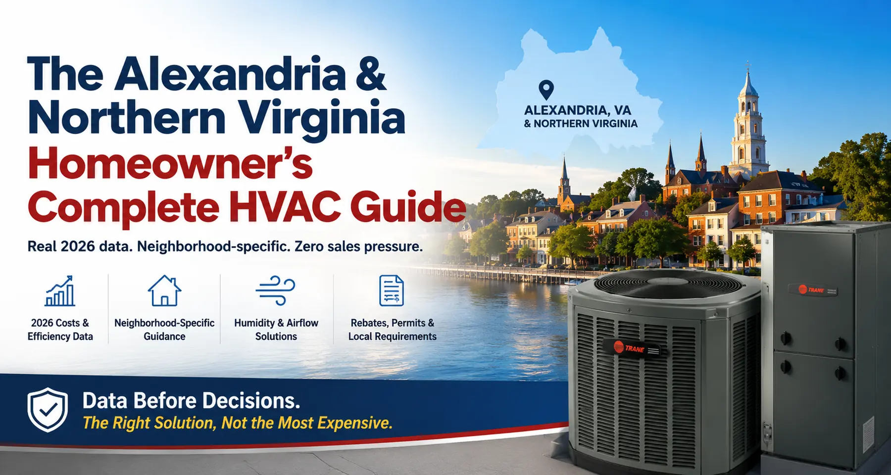 Alexandria and Northern Virginia homeowner HVAC guide featuring local homes, waterfront scenery and residential heating and cooling equipment
