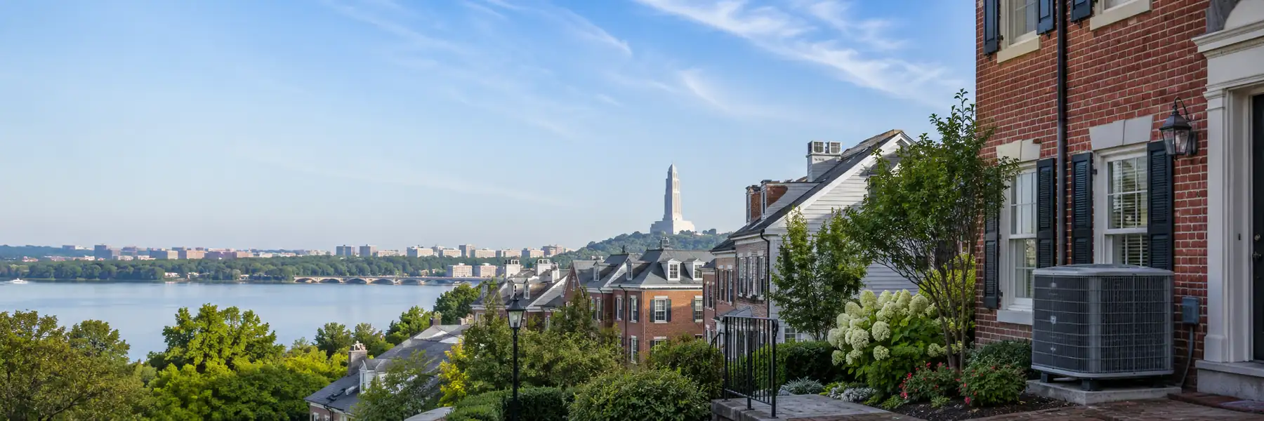 Historic Alexandria Virginia homes with an outdoor HVAC system overlooking the Potomac River
